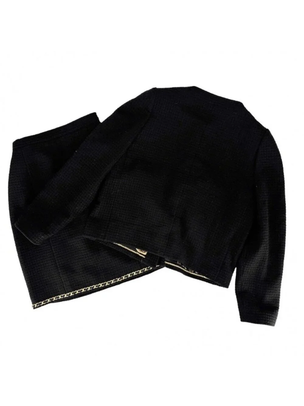 Chanel Set CC Logo Chain Collarless Jacket Skirt Vintage 38 Black Gold Wool